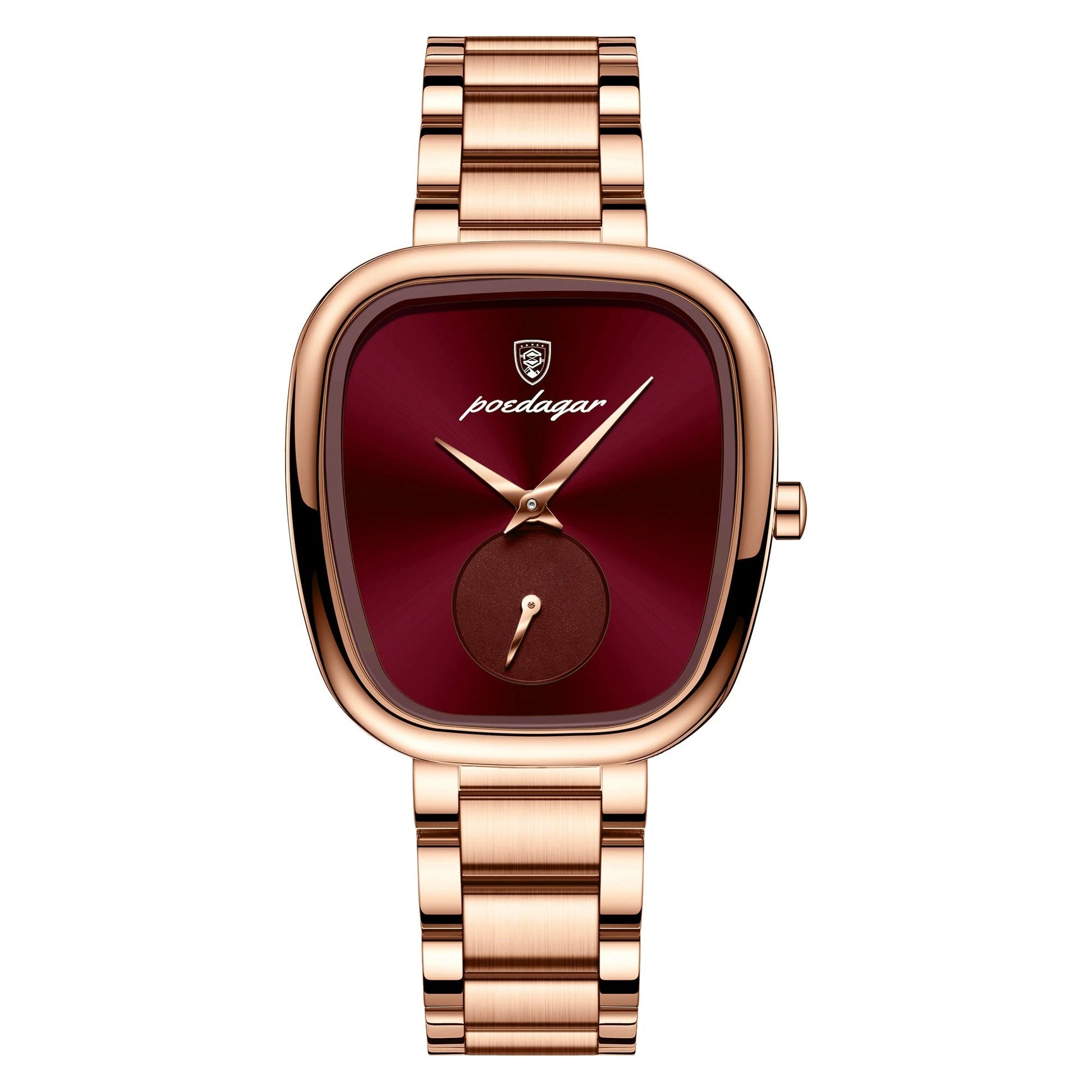 Poedagar women's rose quartz square dial stainless steel watch with elegant sub-dial detail