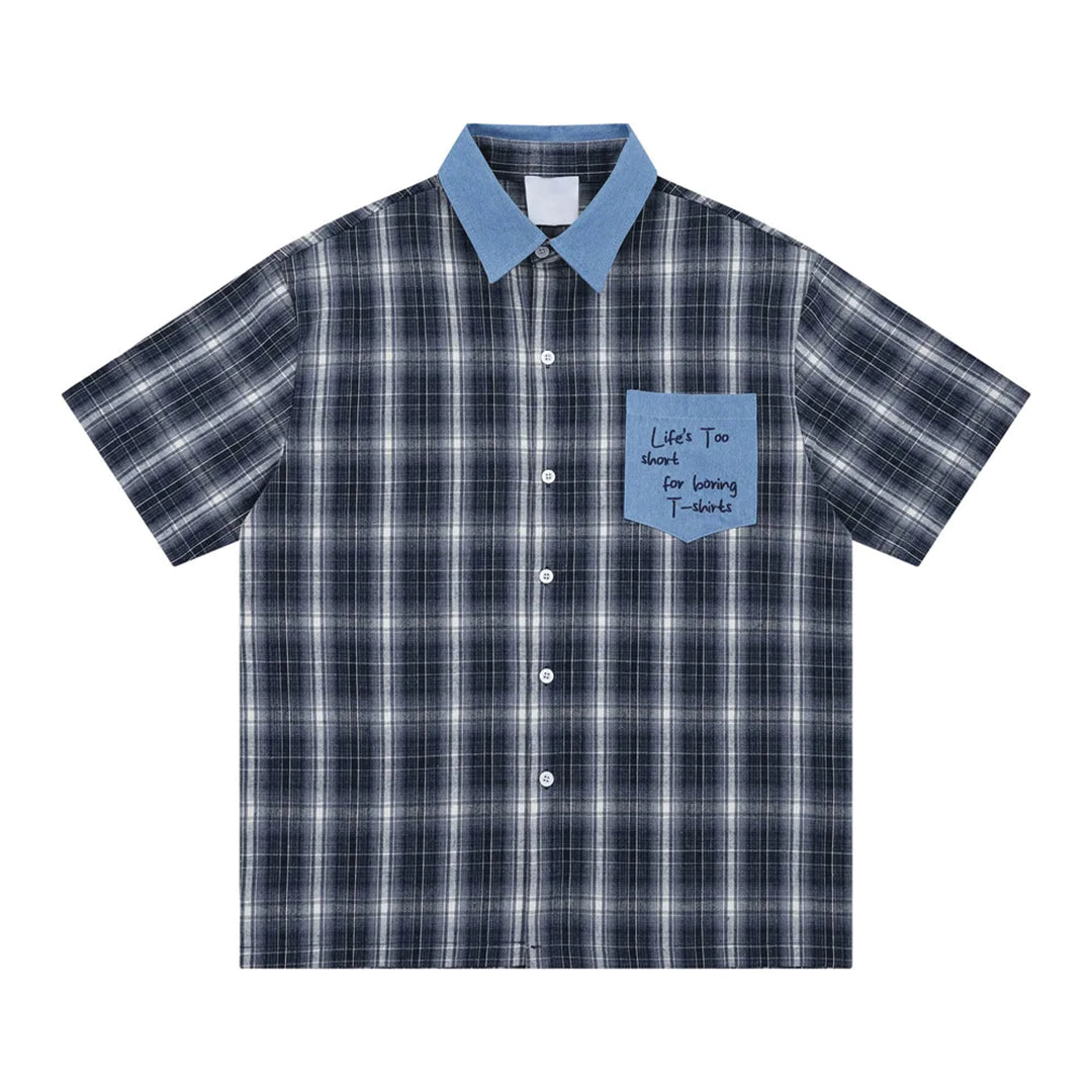 Men's plaid cotton shirt with denim collar, short sleeve retro streetwear regular fit contrast pocket