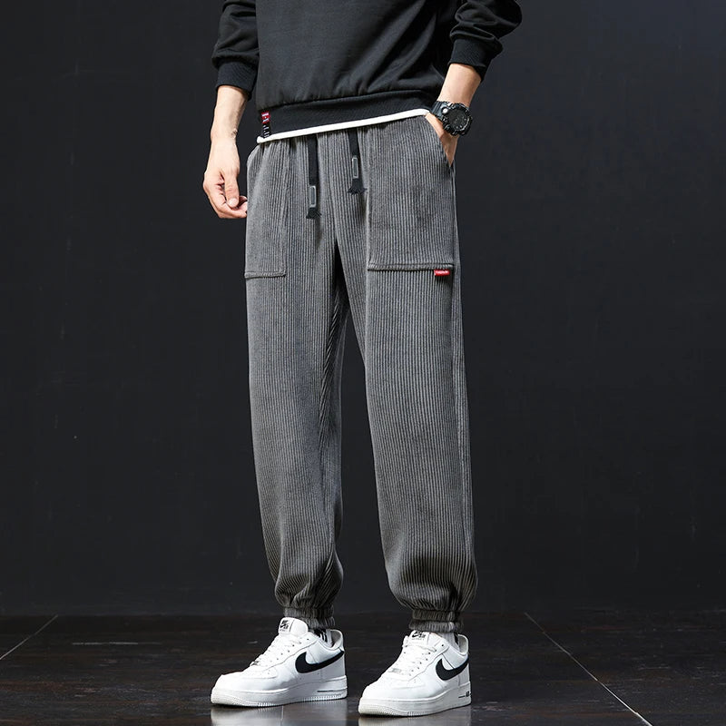 Women's brown corduroy jogger pants relaxed fit with stretch fabric and colorfast finish