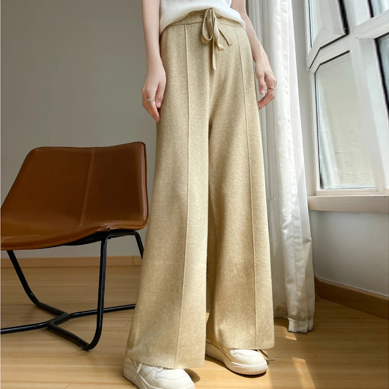 Women's wool wide-leg knit trousers with drawstring waist, casual winter comfort style