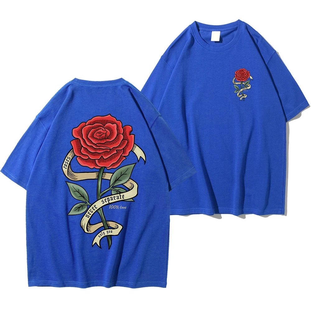 White cotton regular fit graphic tee with bold red rose banner back print for edgy casual style