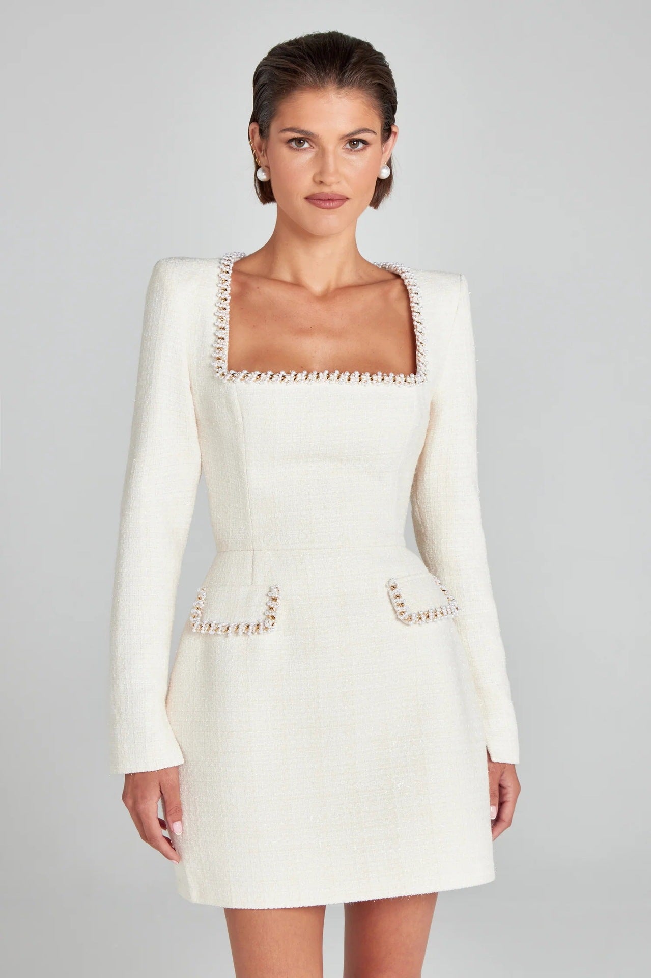 Women's beaded U-neck formal dress with pearl embellishments and glamorous sparkle sleeves