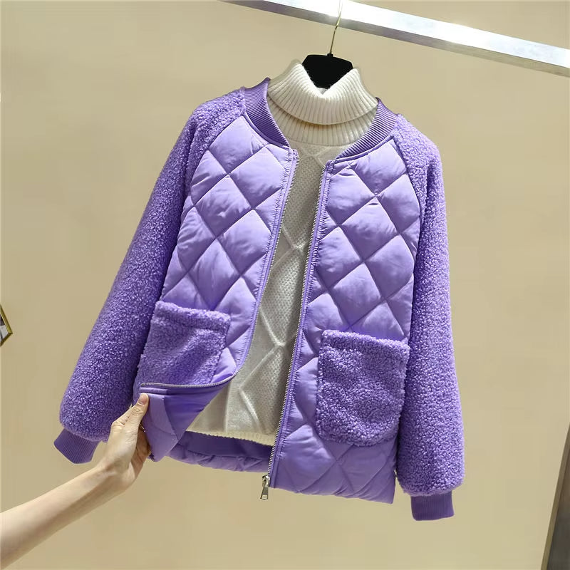 Sierra teddy bomber jacket diamond-quilt body plush sherpa sleeves cozy cold weather style