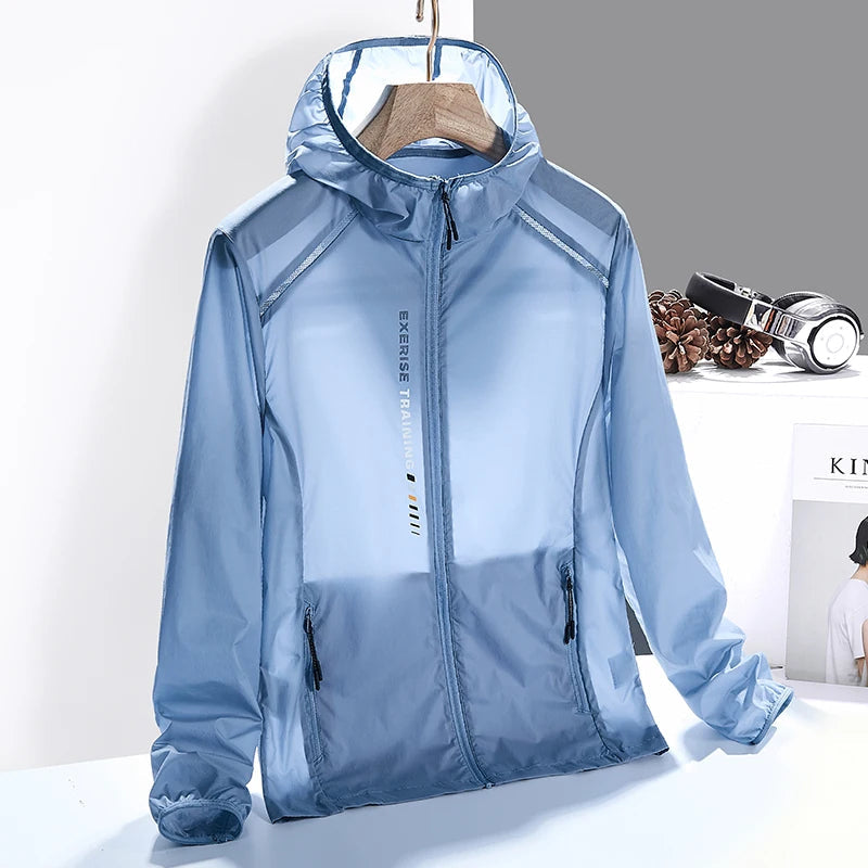 Lightweight windproof performance jacket in neutral tone, slim athletic fit with sun-blocking quick-dry fabric