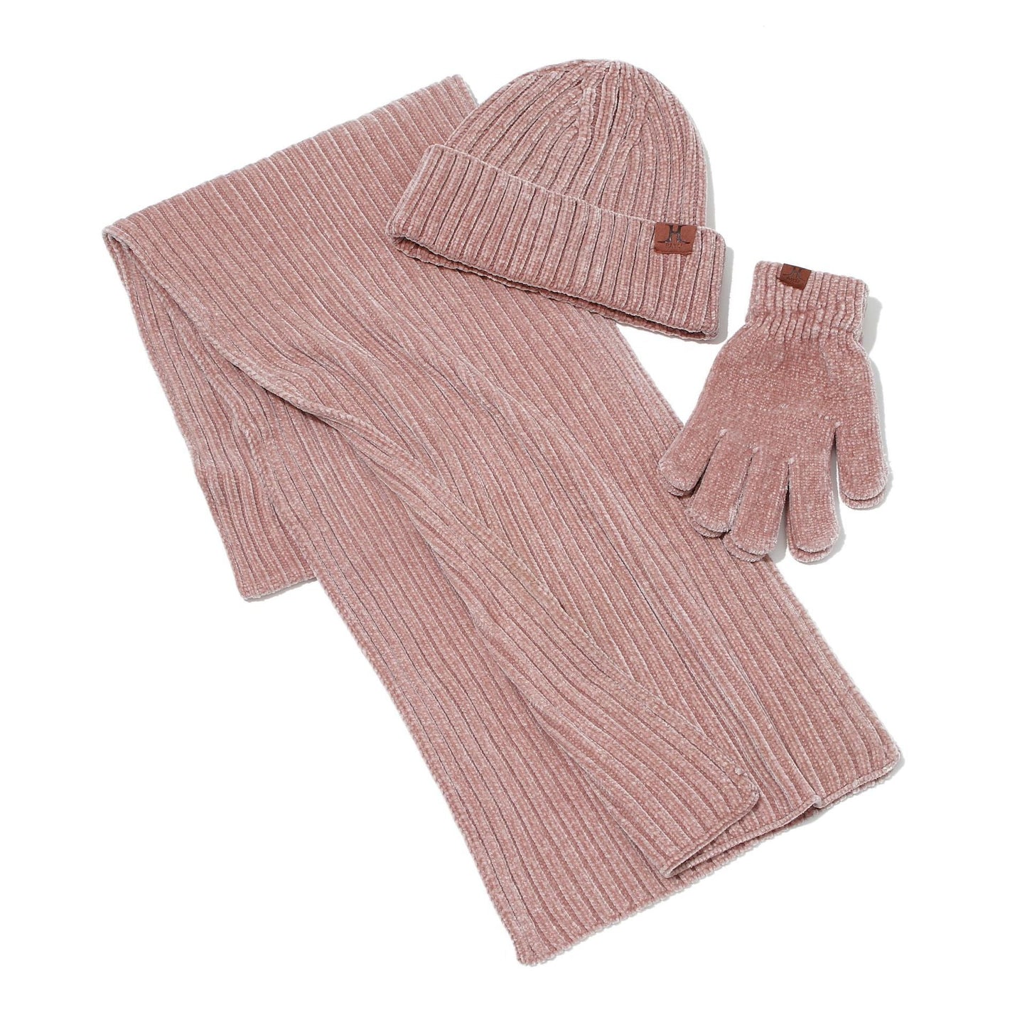 Beige unisex knitted winter set with extra-long scarf, cozy hat and gloves for women and men