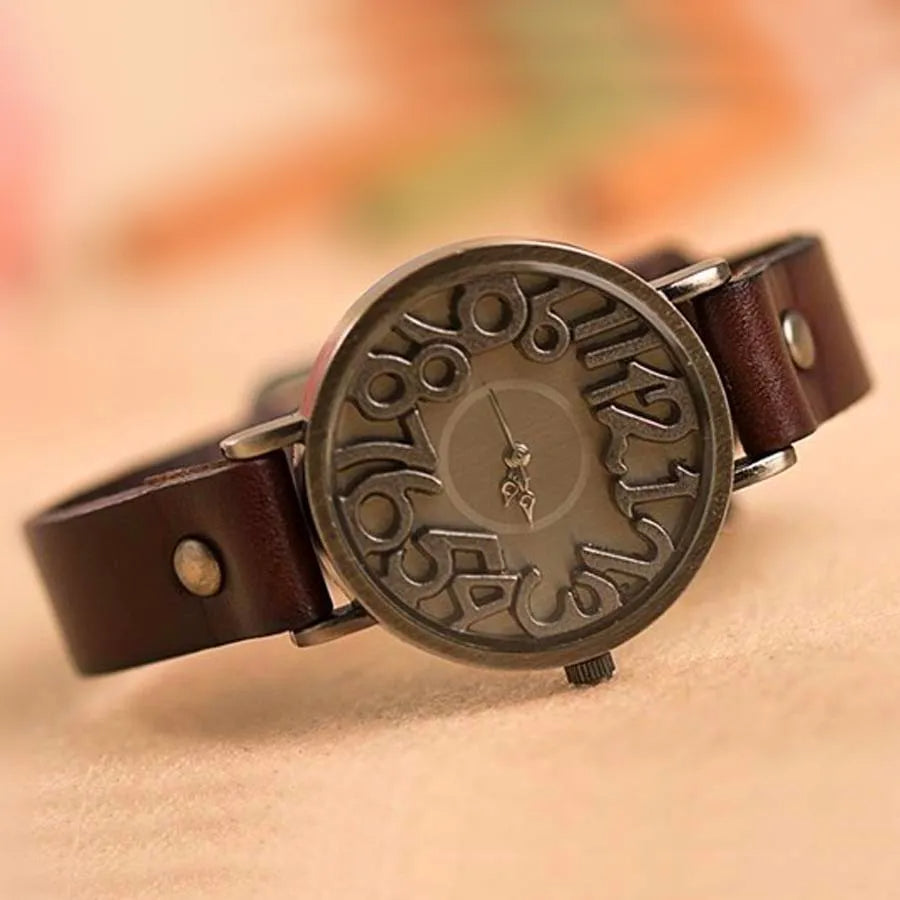 Celeste unisex vintage wristwatch bold 3D numerals genuine leather strap stainless steel case
