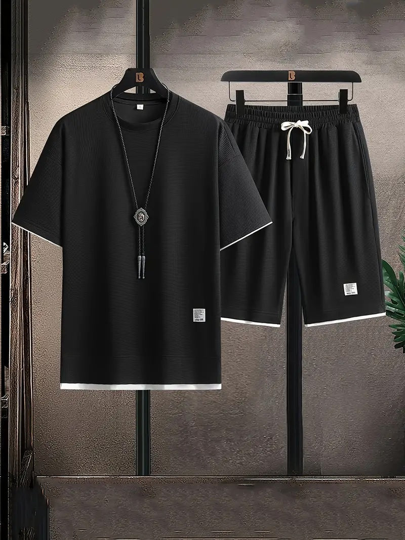Men's gray waffle knit lounge set relaxed-fit tee and drawstring shorts two-piece breathable combo
