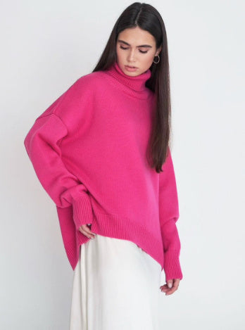 Women's vibrant green oversized turtleneck wool sweater cozy knit for cold weather layering