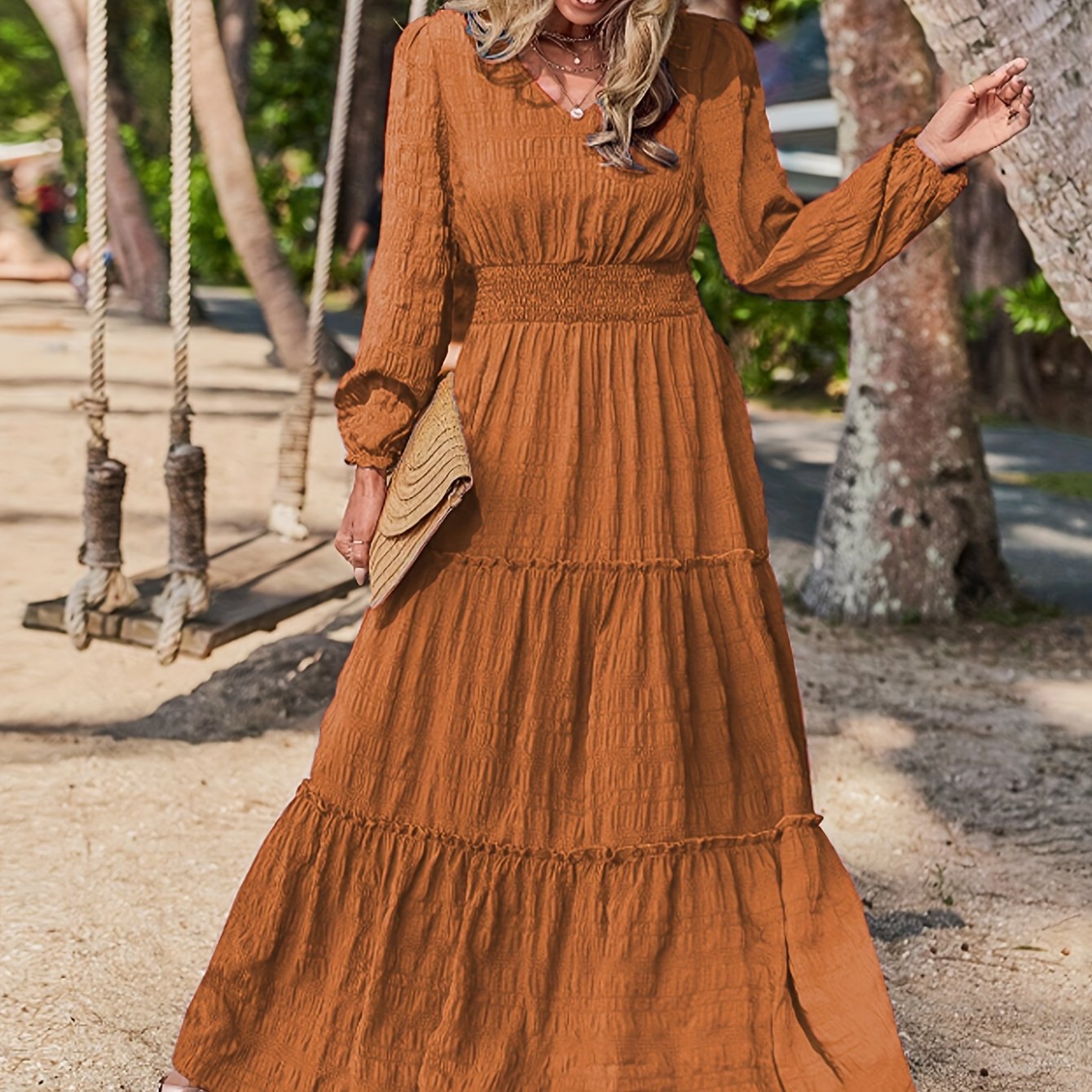 Women's long sleeve maxi dress, loose airy fit, tiered hem, gathered waist, casual everyday style