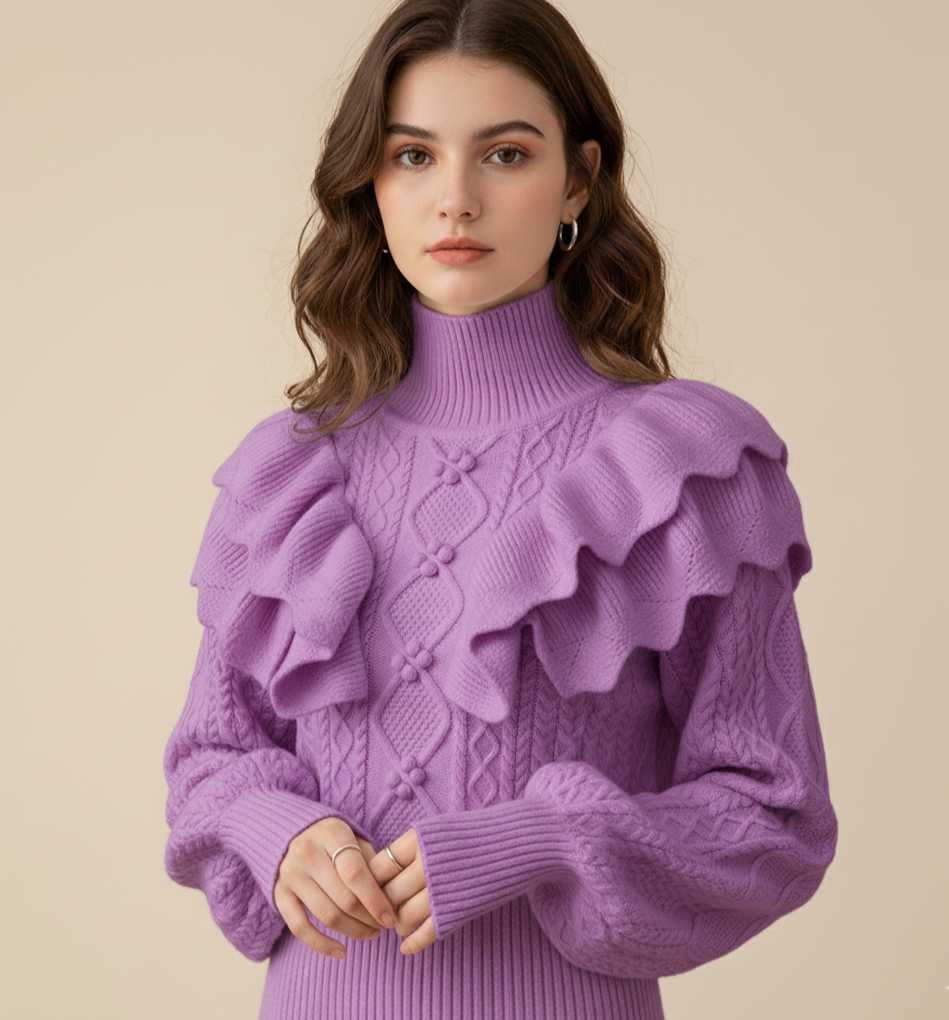 Women's cable knit high neck sweater with ruffled shoulders, chic warm ivory chunky knit