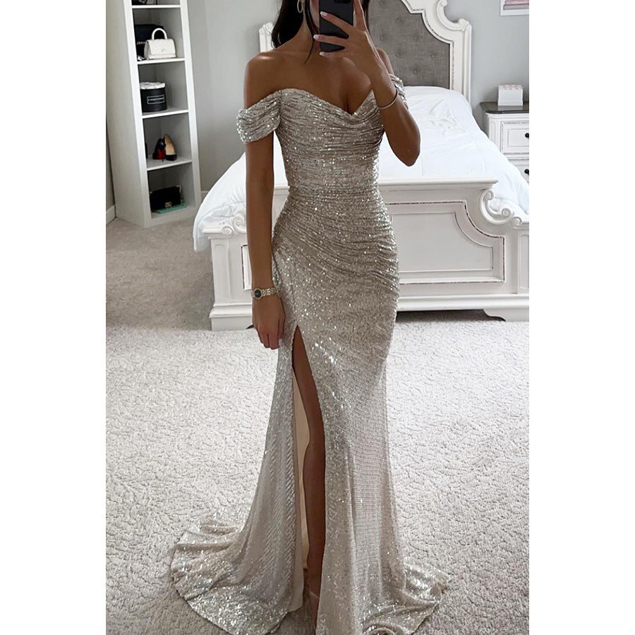 Black off-shoulder evening gown with sequin detailing and glamorous thigh-high slit