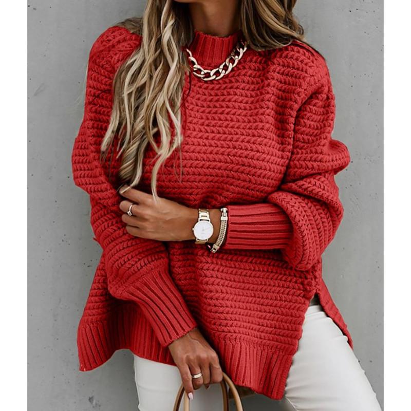 Women's chic knitted sweater top with side split detail, cozy office wear for autumn winter