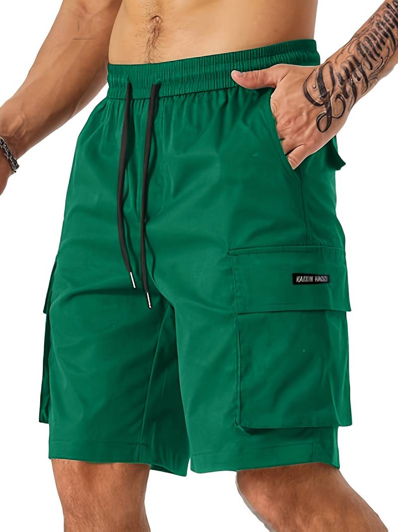 Men's khaki relaxed-fit cargo shorts with multiple utility pockets for outdoor activities