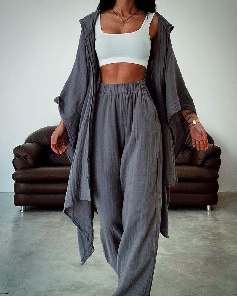 Women's three-piece lounge set crop top wide-leg trousers hooded cardigan breezy casual comfort style