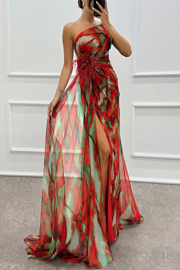 Bold blue-green one-shoulder slit maxi dress with asymmetric silhouette for formal elegant events