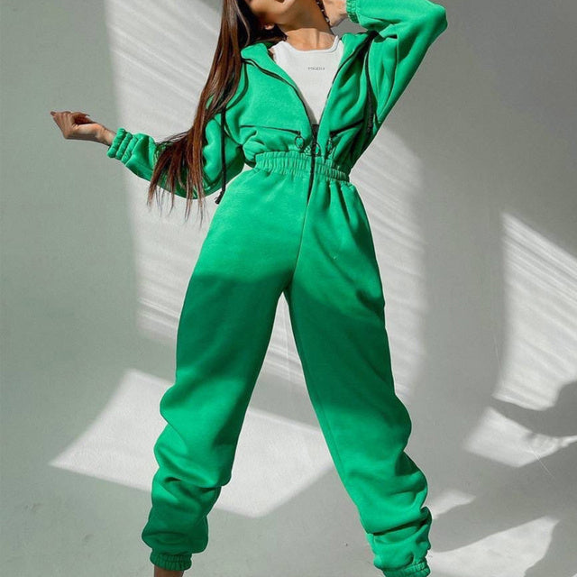 Women's hoodie two-piece set in stretch spandex with stand-up collar for casual athleisure comfort