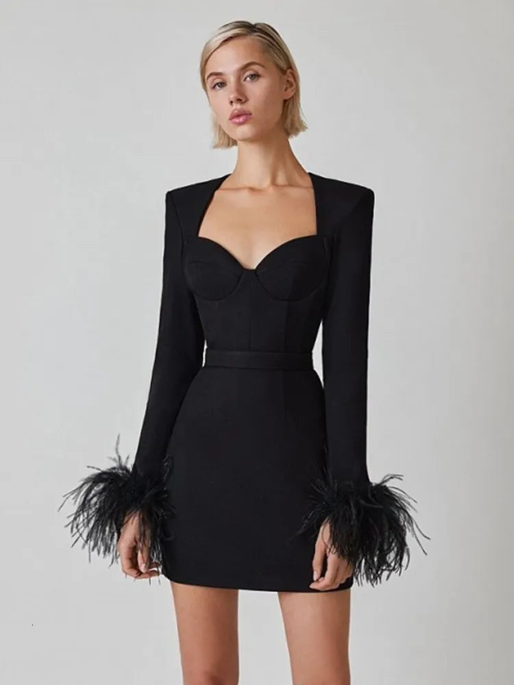 Beatrix black feathered bodycon mini dress with delicate feather accents and sleek silhouette