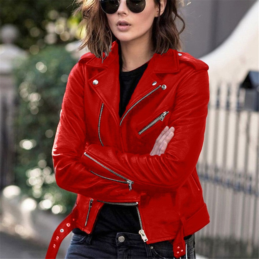 Women's black fitted biker jacket with zip closures and iconic moto silhouette for city fashion