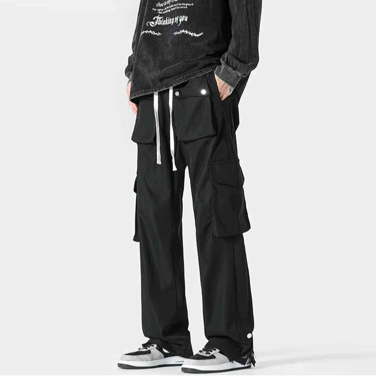 Men's relaxed fit cargo pants with adjustable drawstring waist and multi-pocket utility design