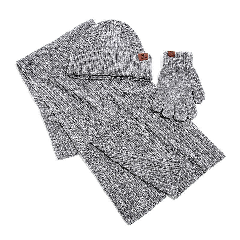 Unisex beige knitted winter set with extra-long scarf, cozy hat and gloves for women and men