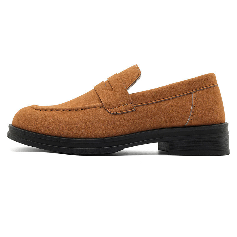 Beige suede men's slip-on loafers with comfortable fit and durable rubber sole for casual wear