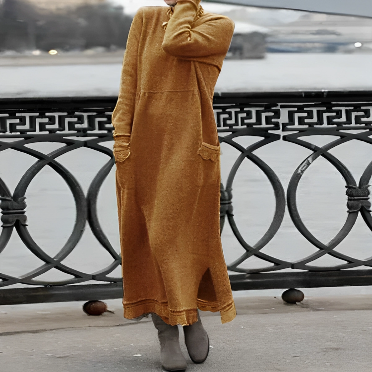 Women's black long sleeve knit maxi dress relaxed fit high neckline draped silhouette side slit