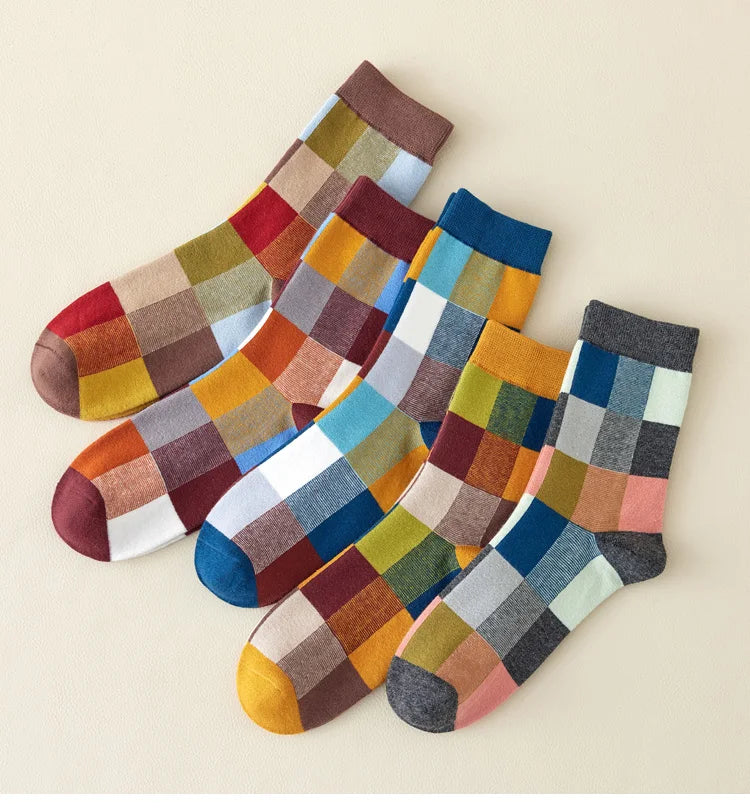 Color Theory patchwork crew socks set 5 pairs bold retro colorblock soft stretch cotton unisex