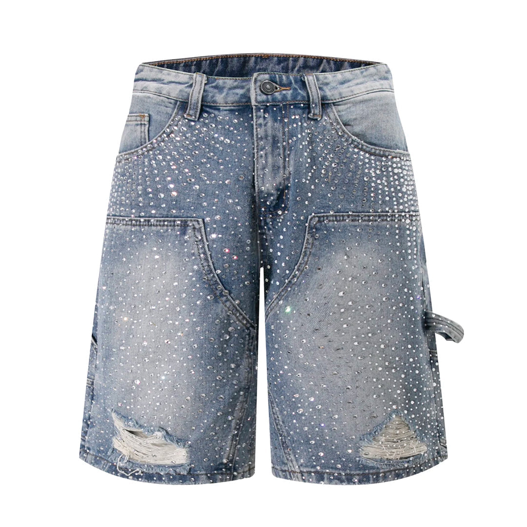Washed blue denim knee-length shorts with rhinestone crushed diamond streetwear detail