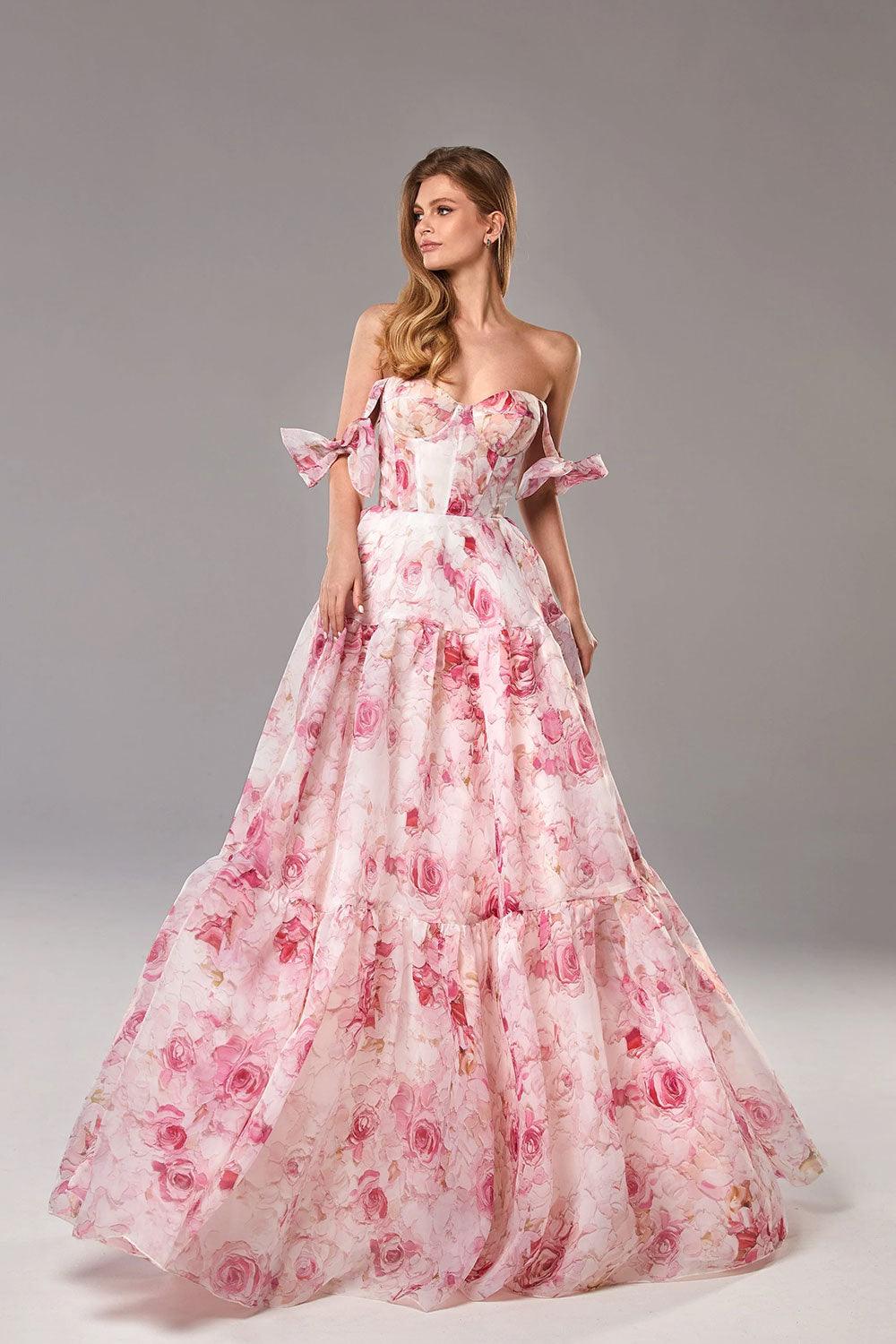 Floral print organza maxi dress with tie straps in romantic sheer fabric for elegant evenings