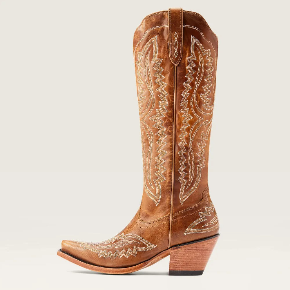 Women's western cowboy boots with floral embroidery, pointed toe, mid heel, and easy pull tabs