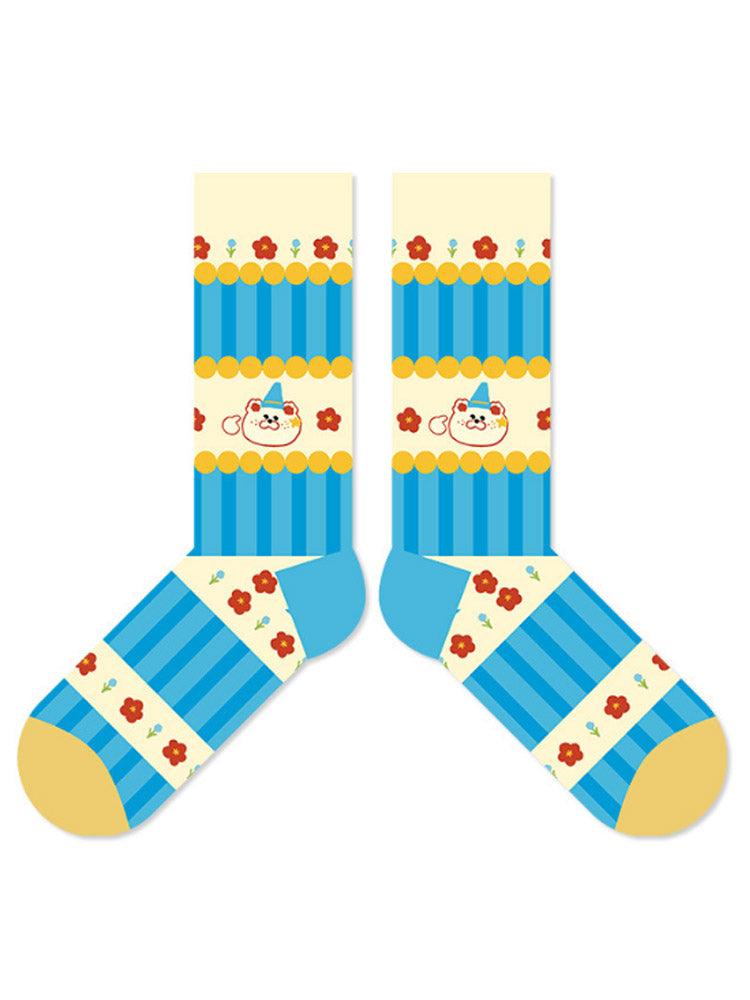 Kids striped socks with cartoon red flower motifs, soft breathable knit, whimsical boho style