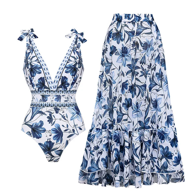 Blue white print V-neck lace-up one-piece swimsuit with coordinating skirt set, adjustable straps