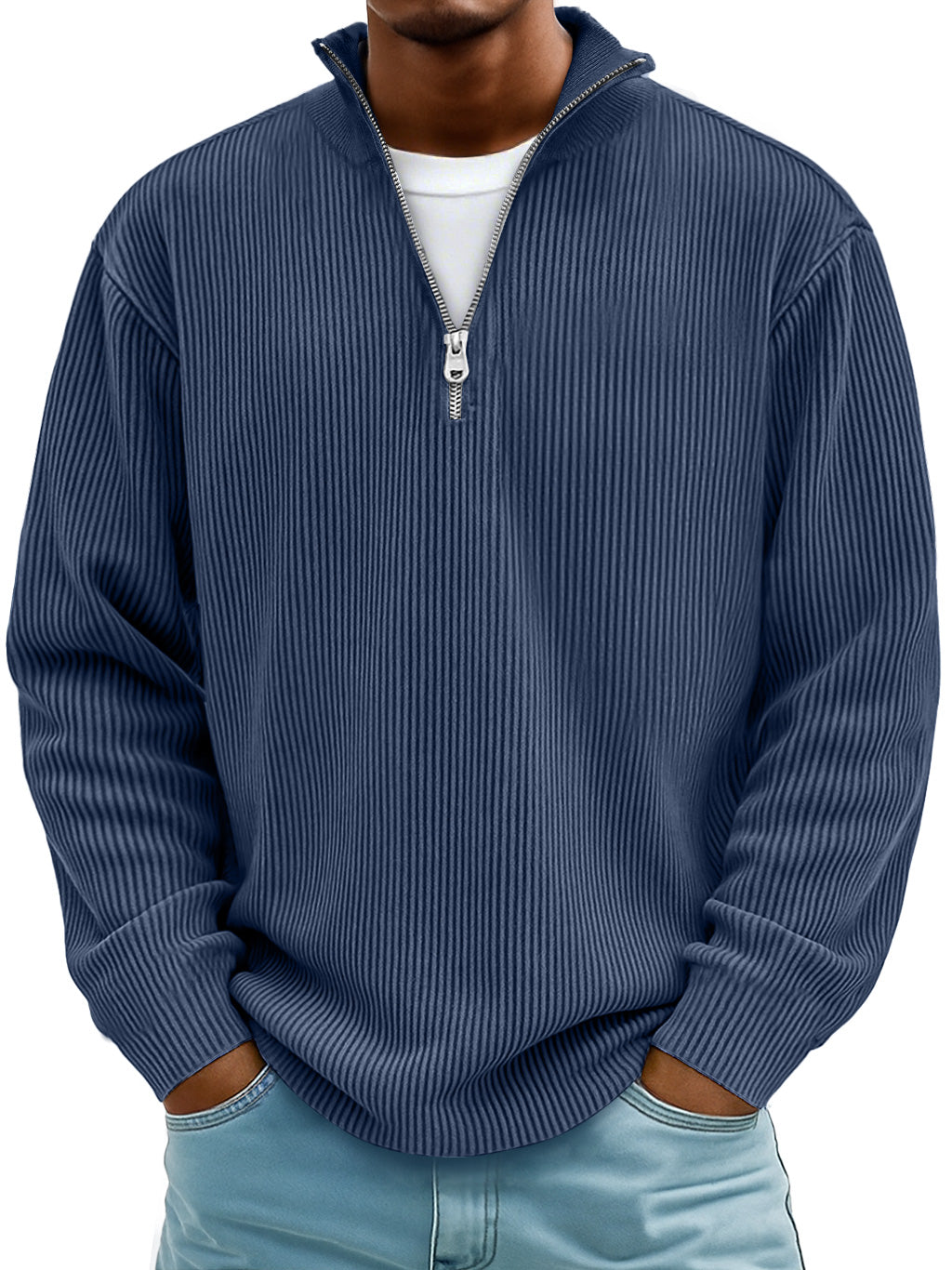 Men's ribbed half-zip winter sweater in neutral tone, modern slim fit with textured knit detail