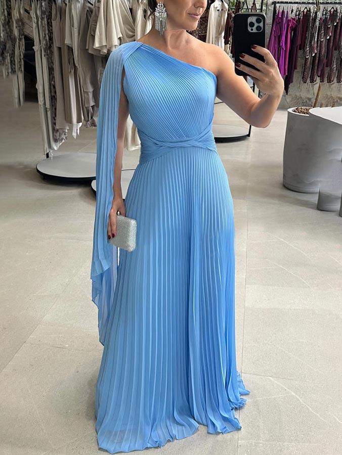 Women's off-shoulder pleated maxi dress with raglan sleeves, elegant flowing silhouette