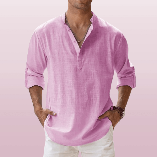 Men's linen blend Henley shirt in regular fit with long sleeves and classic button placket for relaxed style