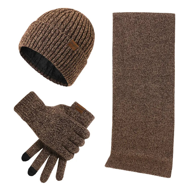 Men's winter set beanie hat scarf gloves soft cotton blend coordinated cold weather ensemble