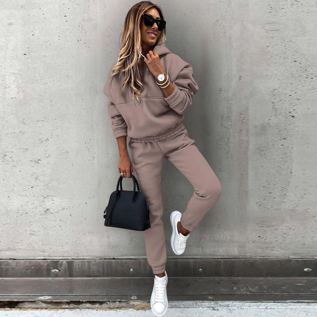 Women's stretch fit hoodie and joggers matching set in athleisure style with relaxed hoodie silhouette