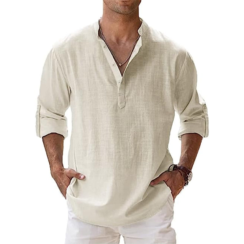 Men's white linen Henley shirt relaxed fit breathable lightweight spring summer elegant style