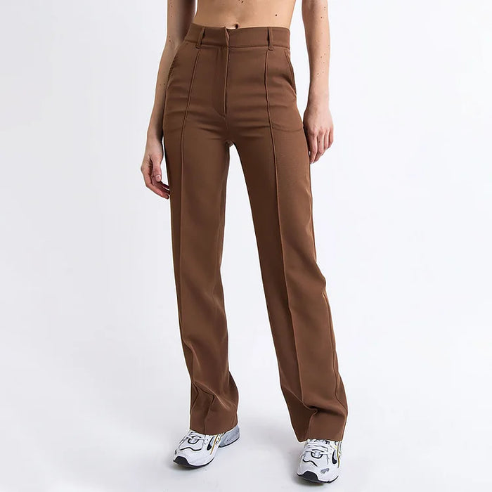 Women's high-waisted wide-leg suit pants with deep pockets, elegant office-to-party style