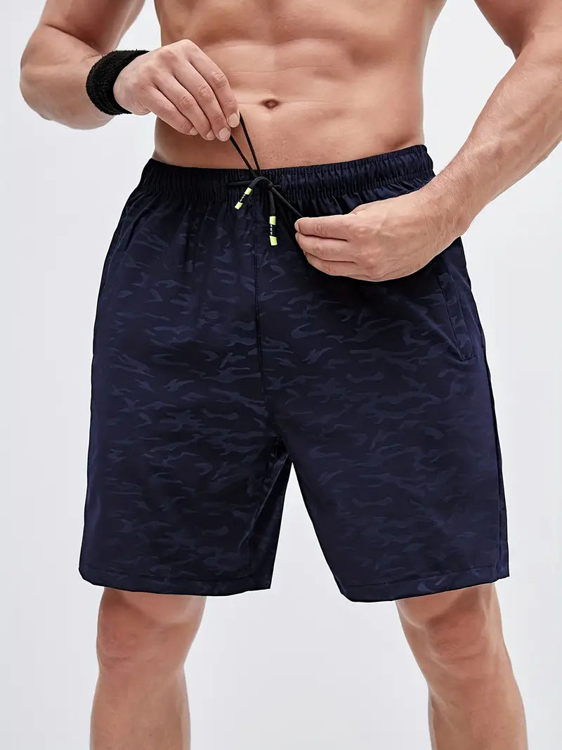 Men's gray athletic shorts slim fit lightweight breathable fabric with secure zippered pockets