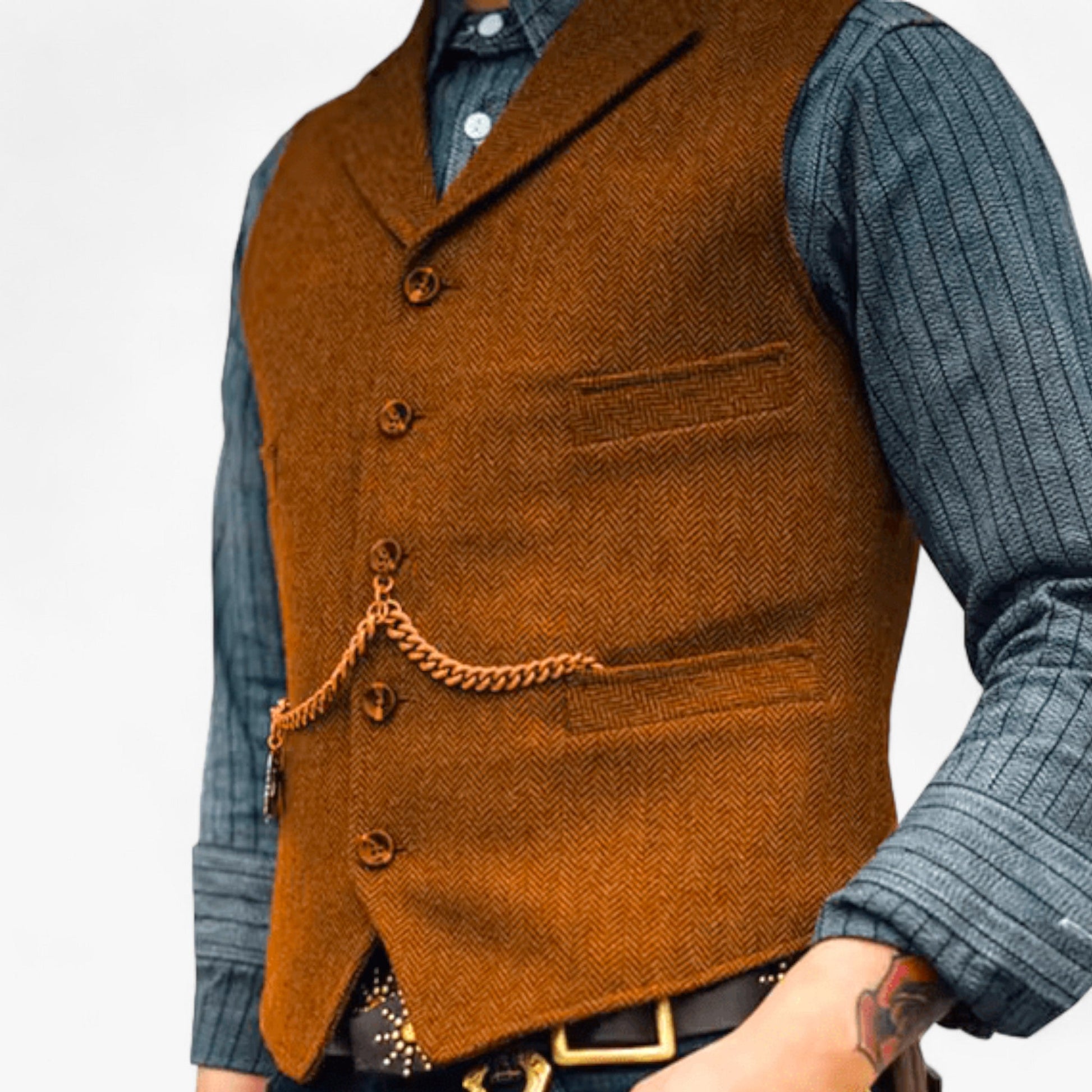 Charcoal men's suit vest tailored slim fit with decorative vintage-inspired chain detailing