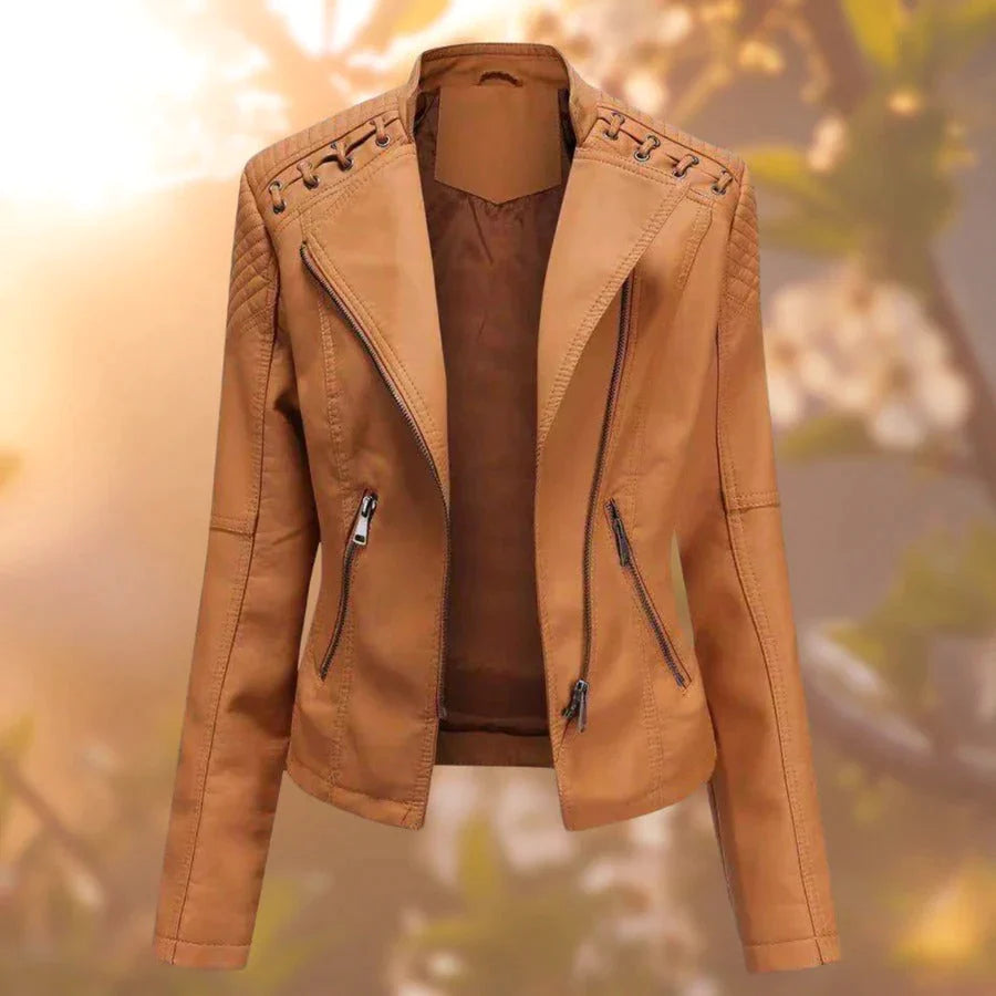 Women's black fitted perfecto jacket with classic moto silhouette and timeless chic design