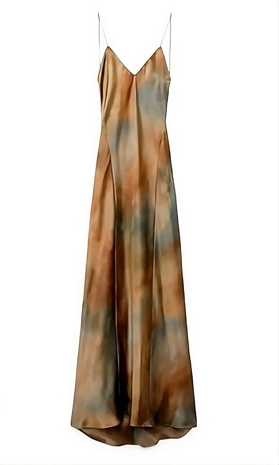 Satin backless maxi dress with wildlife print, thin straps, elegant summer evening silhouette