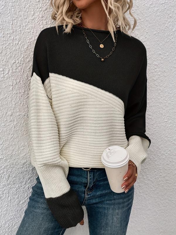 Women's colorblock knit sweater relaxed fit with bold diagonal design in soft warm fabric