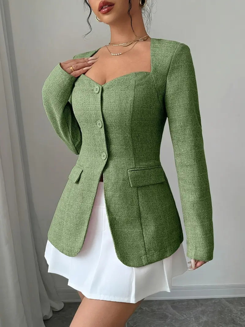 Women's fitted beige buttoned jacket square neckline structured silhouette office chic