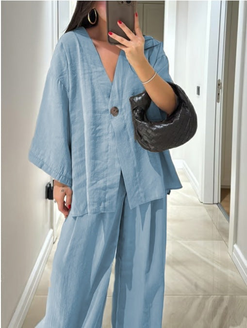 Women's solid color v-neck top and pants two-piece polyester set relaxed casual everyday fit