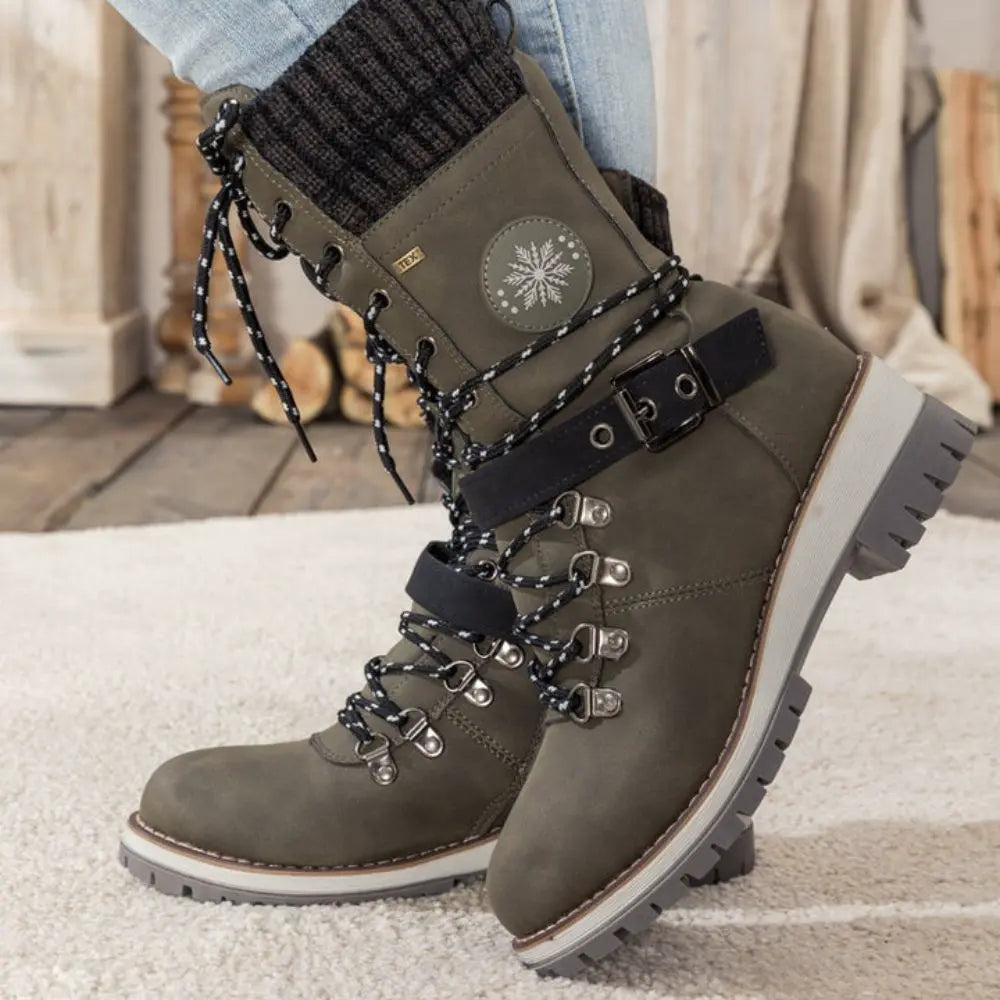 Women's brown leather lace-up winter boots with non-slip sole, classic ankle silhouette