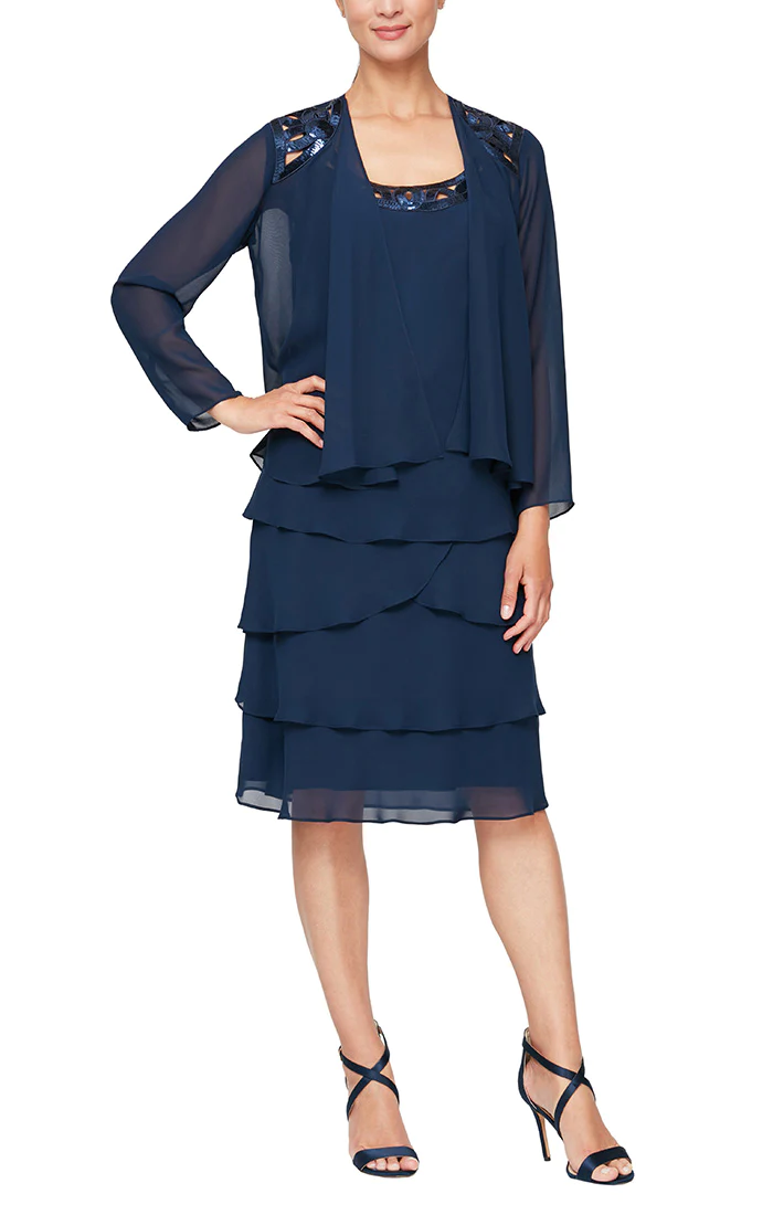 Navy blue knee-length mother of the bride dress with sequined neckline and matching jacket