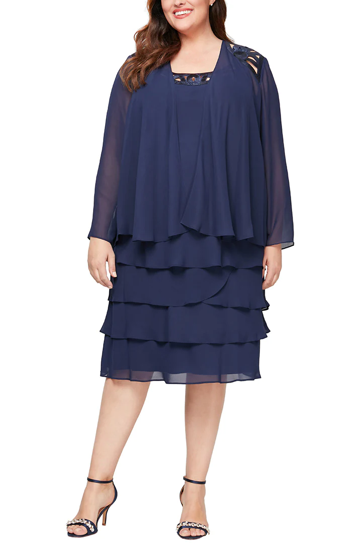 Navy blue knee-length mother of bride dress with sequined neckline and matching jacket