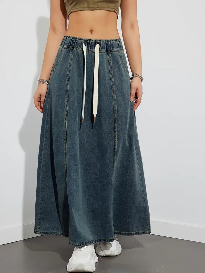 Women's casual blue denim maxi skirt A-line silhouette with elastic drawstring waistband